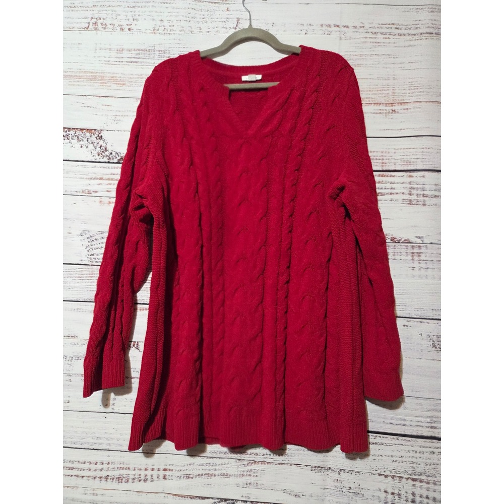 J. Jill Chenille Cable Knit Sweater Red V-Neck Tunic Plus Size 2X